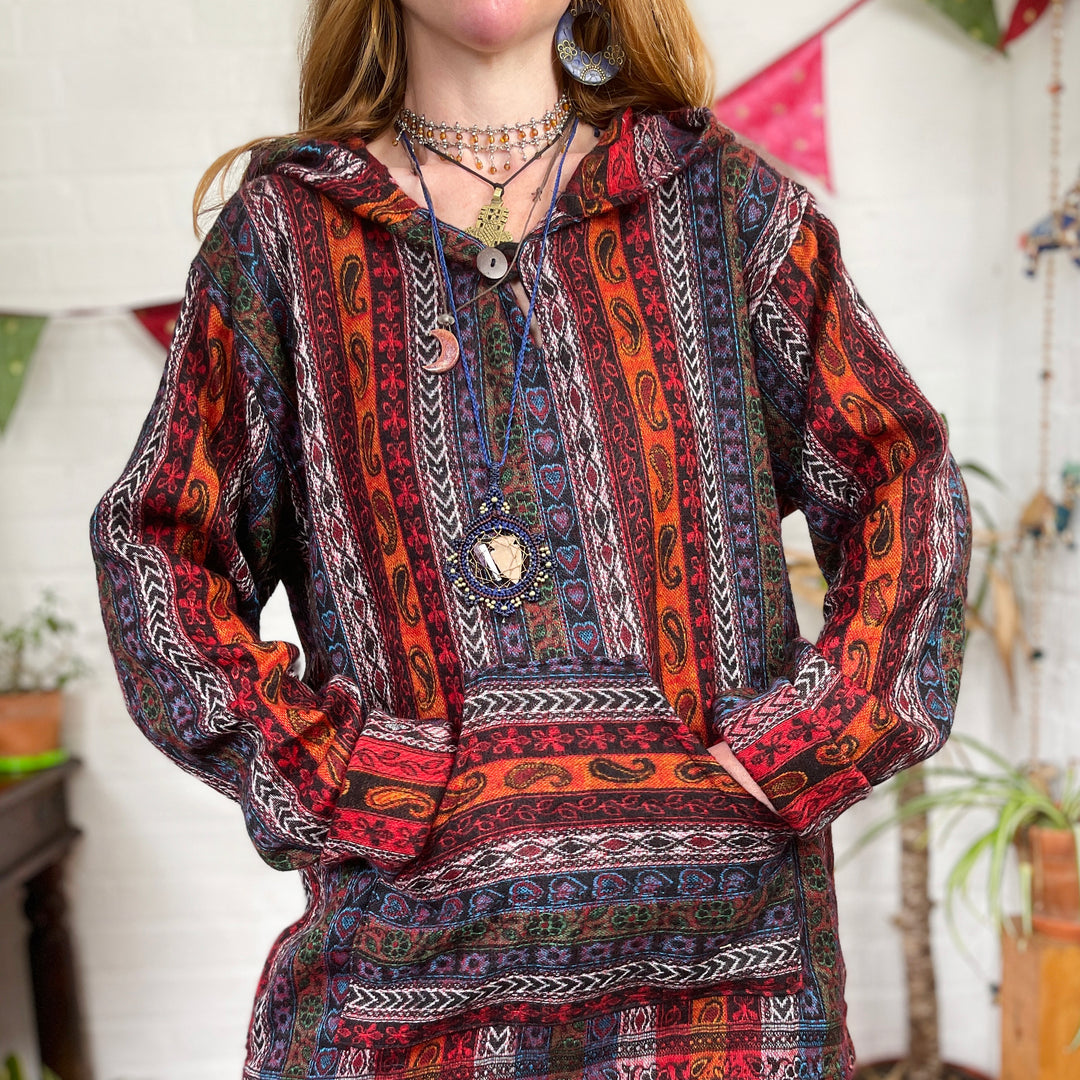 Warm Fleece Hoodie Indian Flower Paisley Print, Ethical Hand Made, Fair Trade, Forest Paisley