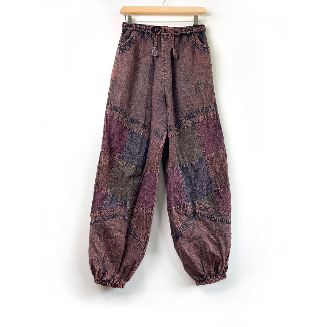 Stonewashed Patchwork Earth Brown Boho Hippie Trousers - Harem Straight Leg Loose fit Cotton Earth Tone Unisex One Size Trousers