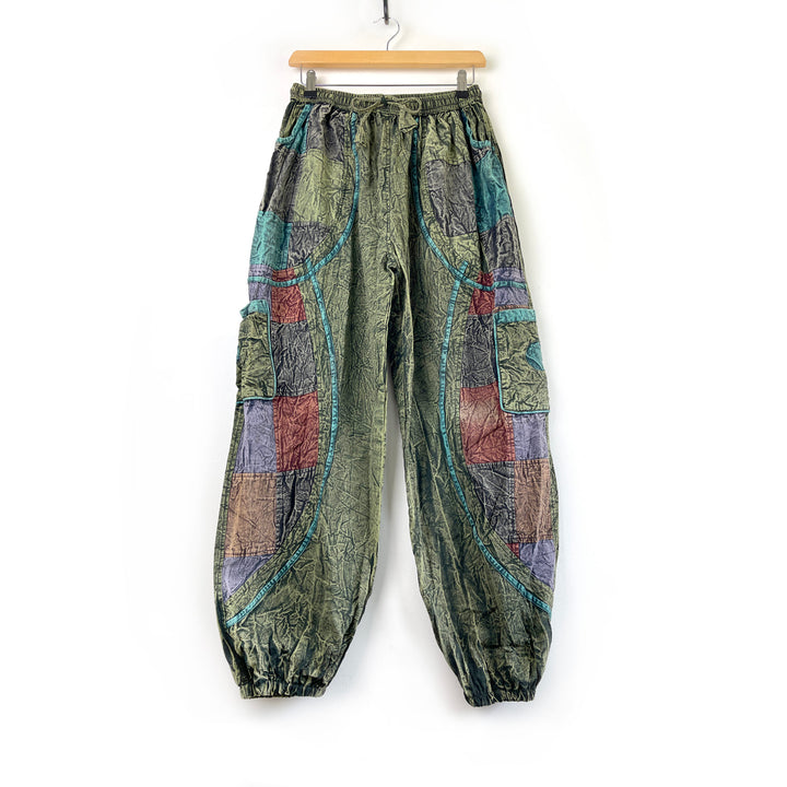 Stonewashed Patchwork Pixie Green Boho Hippie Trousers - One Size Harem Straight Leg Loose fit Cotton Earth Tone Unisex One Size Trousers