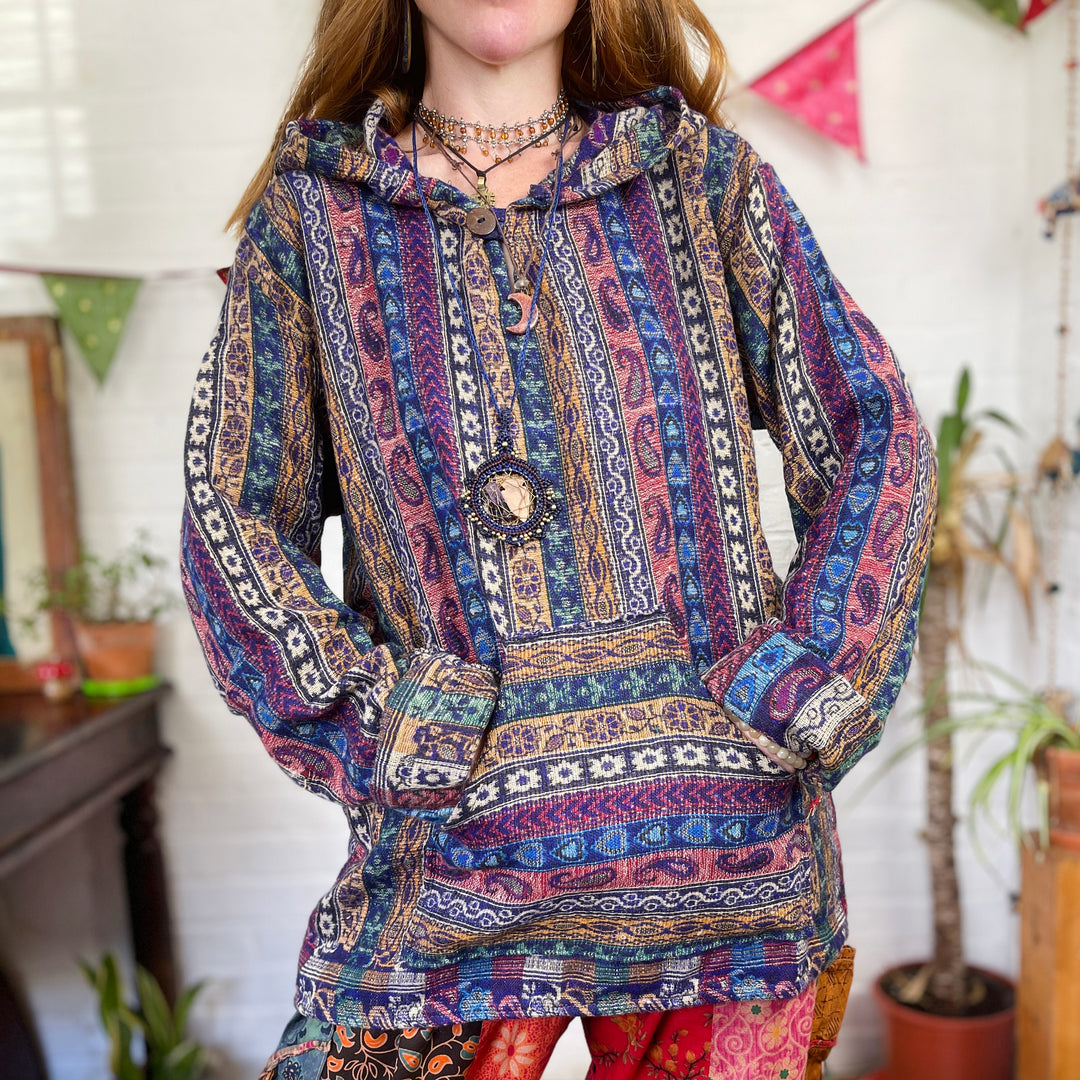 Warm Fleece Hoodie Indian Flower Paisley Print, Ethical Hand Made, Fair Trade, Harvest Moon
