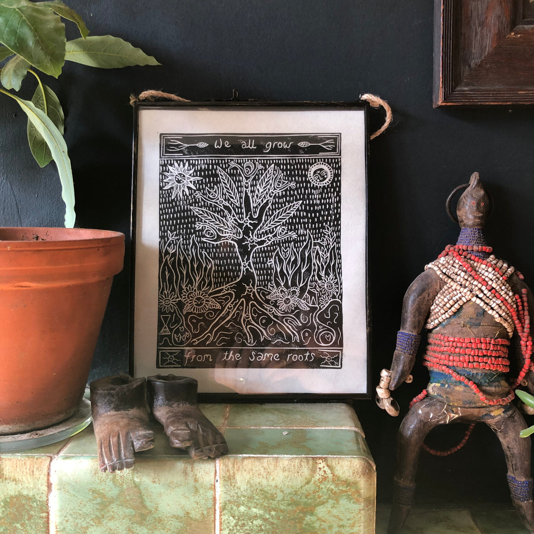 We All Grow From The Same Roots - Framed Art Print, Handmade Lino Block Print, Vintage Style Frame, Botanical Art on Japanese Paper