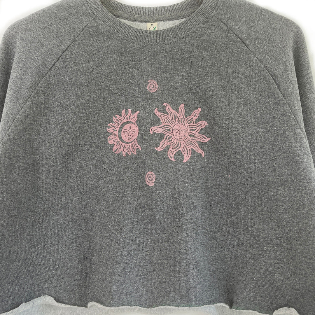 Tarot Celestial Crop Sweater - Block Printed, Organic, Fair Trade, Climate Neutral, Forest Print Oversize Grey Sweatshirt