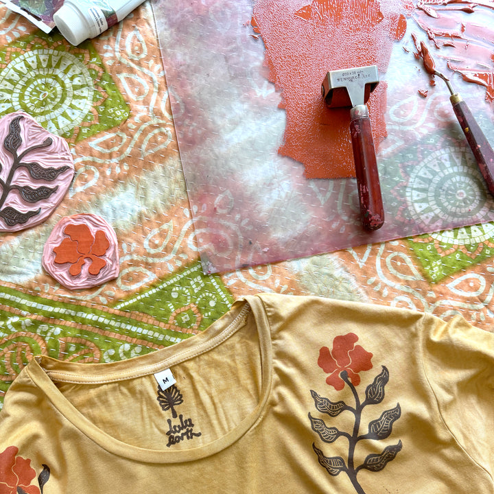 Wild Poppy Ethical Boxy Fit T-Shirt in Indiana Rose, Hand Dyed & Block Printed, Organic Vegan, Fair Trade Hippie Top