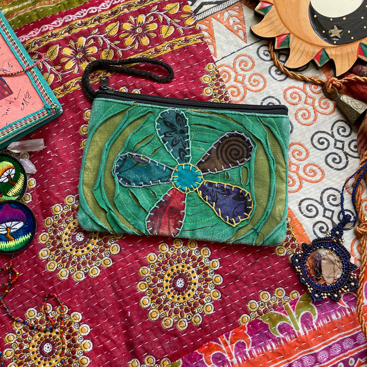 Copy of Embroidered Hippie Flower Purse, Handmade Stonewash Vibrant colour Fair Trade Zip Up Festival Blue Bag