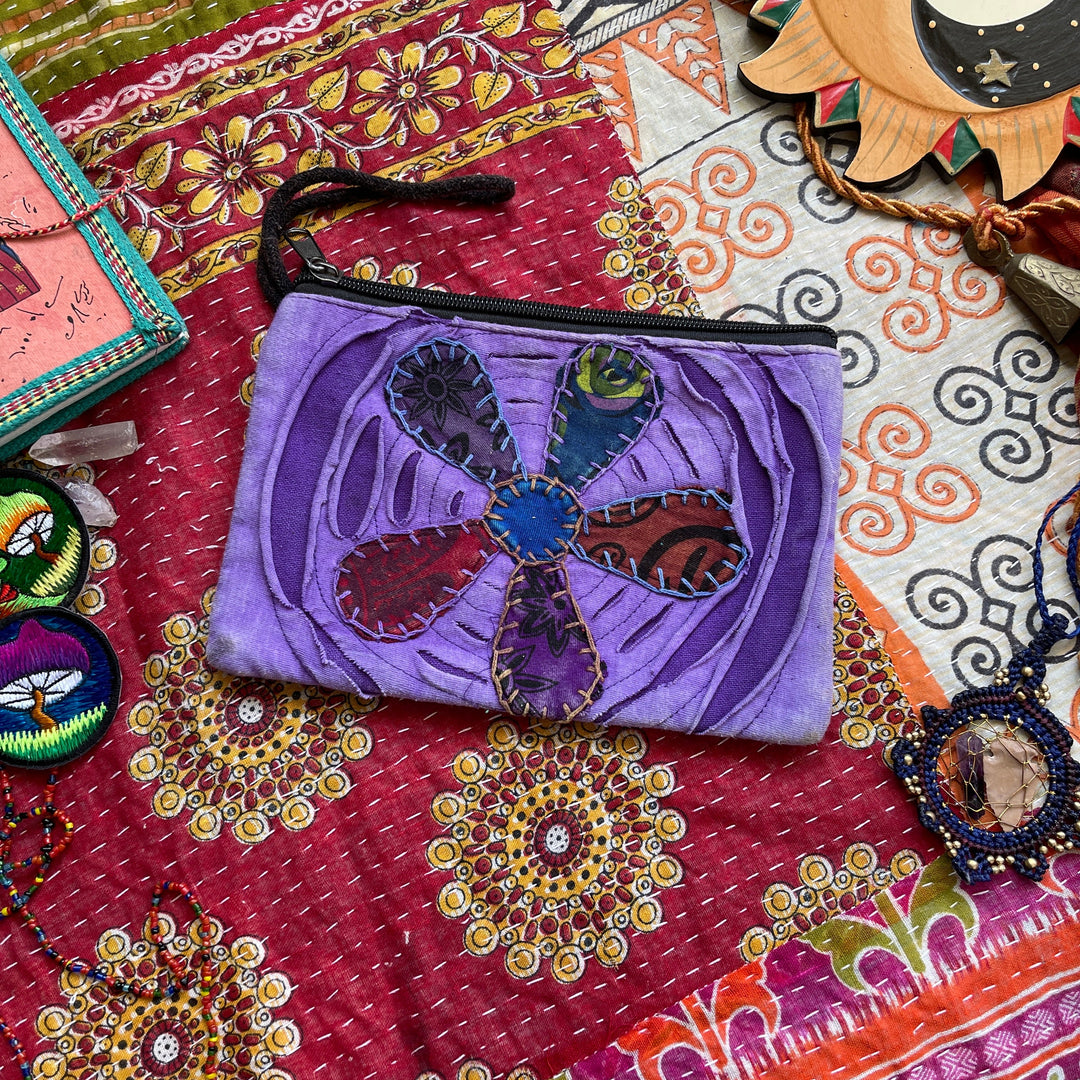 Copy of Embroidered Hippie Flower Purse, Handmade Stonewash Vibrant colour Fair Trade Zip Up Festival Blue Bag