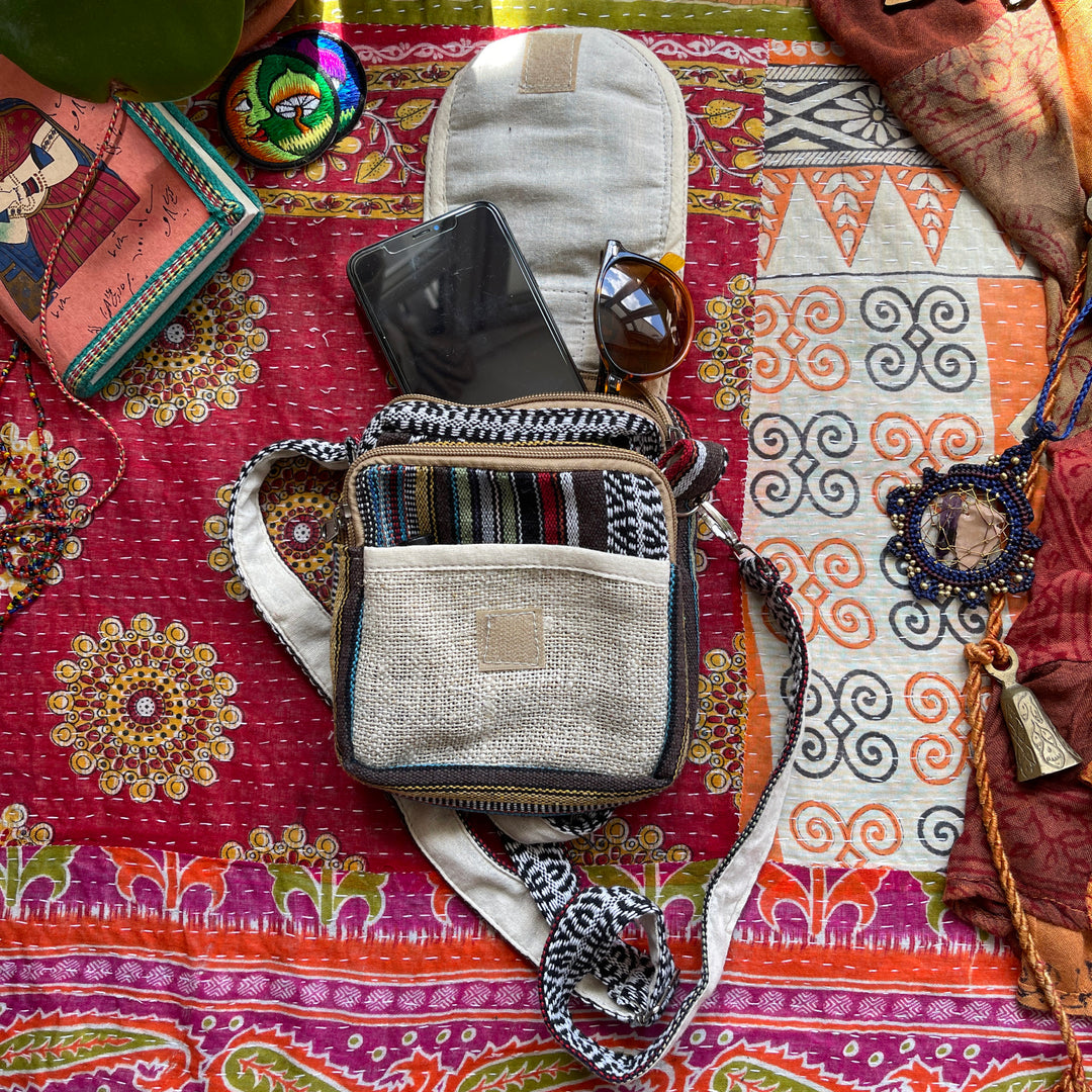 Thai Weave Hemp Shoulder Festival Bag, Handmade Fair Trade, Long Strap Hippie Purse With Hemp Label