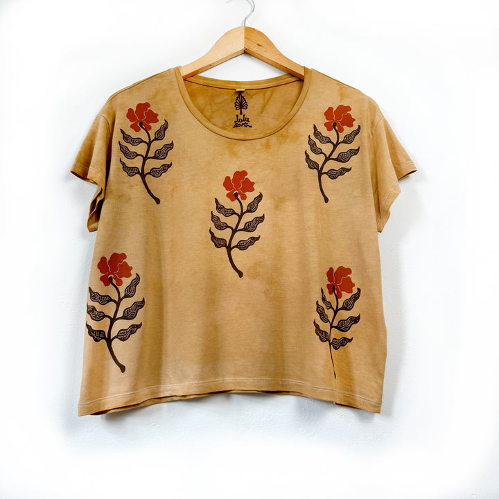 Wild Poppy Ethical Boxy Fit T-Shirt in Indiana Rose, Hand Dyed & Block Printed, Organic Vegan, Fair Trade Hippie Top