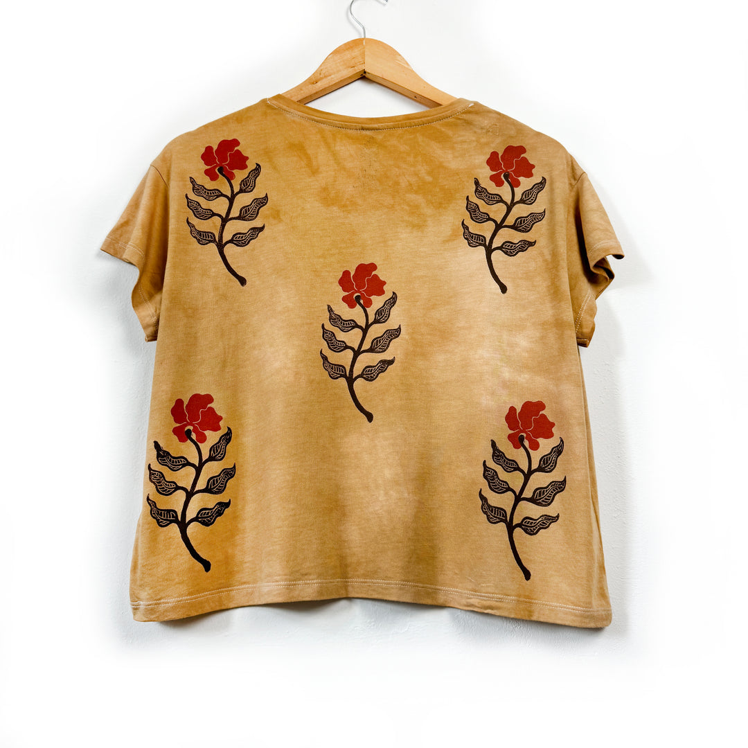 Wild Poppy Ethical Boxy Fit T-Shirt in Indiana Rose, Hand Dyed & Block Printed, Organic Vegan, Fair Trade Hippie Top