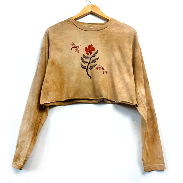 Wild Poppy Ethical Long Sleeve Crop Raw Edge Top - Ochre Earth Colour - Hand Dyed & Block Printed, Vegan, Organic & Fair Trade