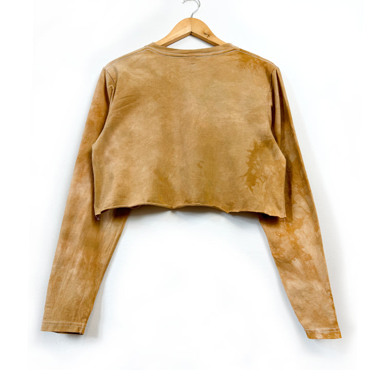 Wild Poppy Ethical Long Sleeve Crop Raw Edge Top - Ochre Earth Colour - Hand Dyed & Block Printed, Vegan, Organic & Fair Trade