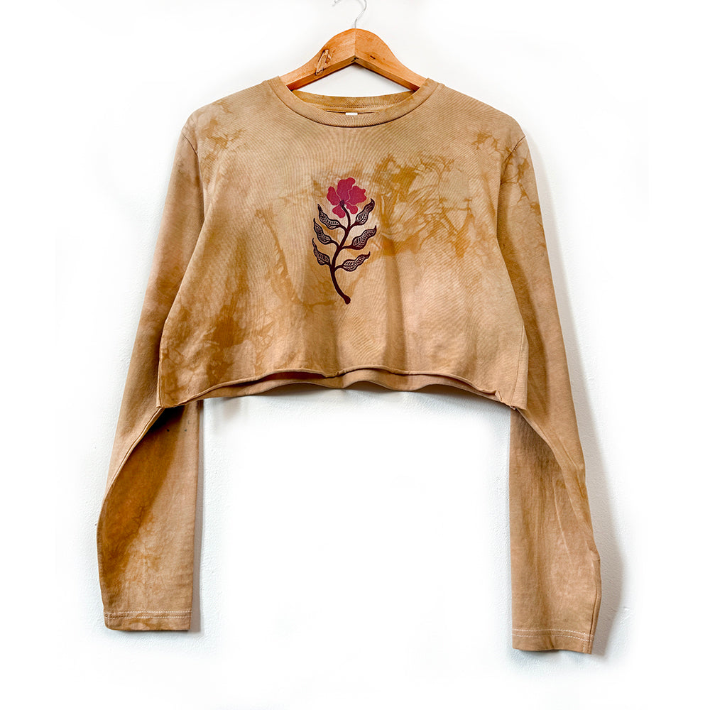 Wild Poppy Ethical Long Sleeve Crop Raw Edge Top - Ochre Earth Colour - Hand Dyed & Block Printed, Vegan, Organic & Fair Trade